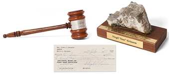 Gus Grissom Lot of Items -- Includes Signed Check, Personally Owned Gavel & Piece of Ore from Unsinkable Molly Brown Film