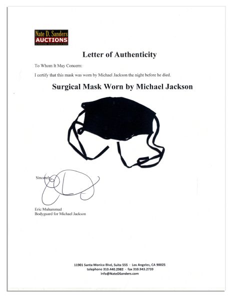 Michael Jackson's Own Surgical Mask Worn By Jackson Himself The Night Before He Died -- With Provenance by Jackson's Personal Bodyguard