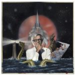 Ray Bradbury Owned Art -- Mixed Media Piece Depicting Bradbury Himself Surrounded by Iconography From His Works