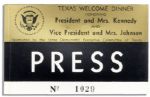 Press Badge for JFKs Texas Welcome Dinner Scheduled for the Night of 22 November 1963