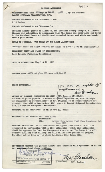 Bill Graham Twice-Signed Contract for a 1969 ''Cream'' Concert -- Countersigned by Iconic Manager Robert Stigwood
