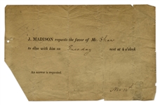 President James Madison 1809 White House Dinner Invitation -- Five Years Before the British Burned the White House