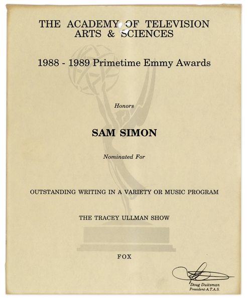 Emmy Nomination for ''The Tracey Ullman Show'' Given to Sam Simon in 1989 -- From the Sam Simon Estate