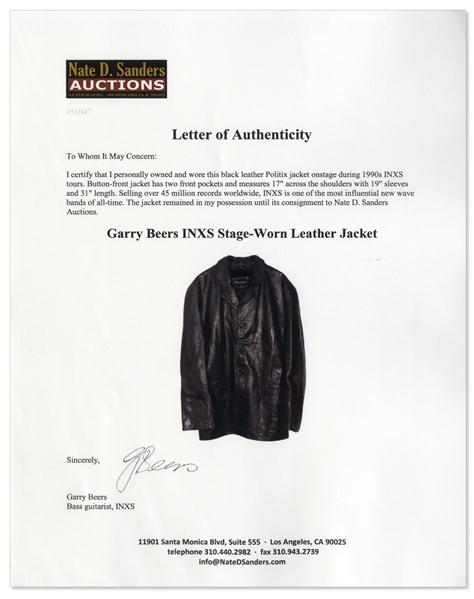 Garry Beers of INXS Leather Jacket Stage-Worn During 1990s Tours -- With LOA From Garry Beers