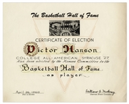 Vic Hanson Basketball Hall of Fame Induction Certificate -- Only Athlete in History Elected to Basketball HOF and College Football HOF