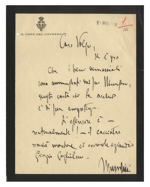 Benito Mussolini Autograph Letter Signed as Prime Minister and Duce of Fascism -- ''...The author is - naturally! - the hunter...''