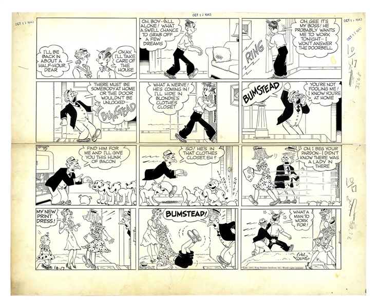 Chic Young Hand-Drawn ''Blondie'' Sunday Comic Strip From 1943 -- Dagwood Dresses in Drag to Avoid Mr. Dithers