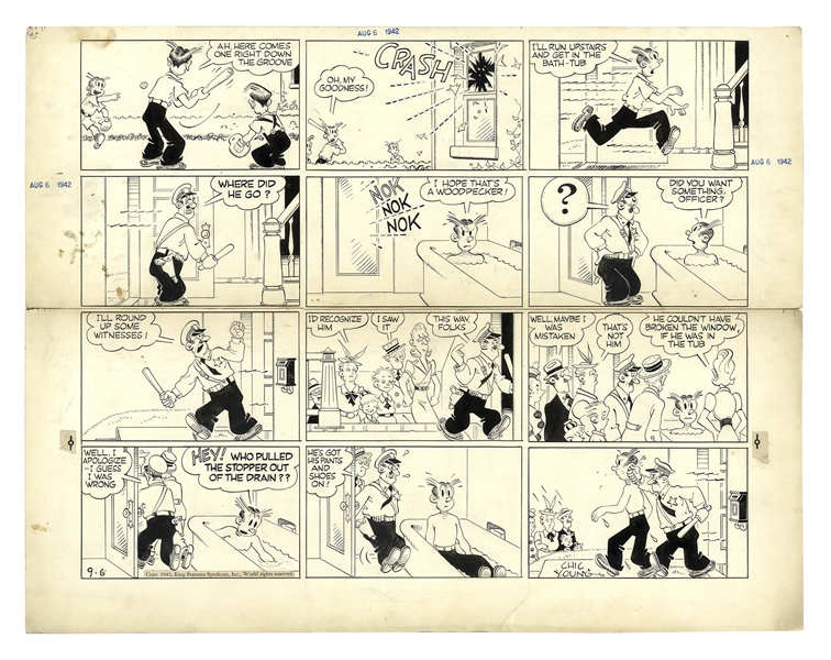 Chic Young Hand-Drawn ''Blondie'' Sunday Comic Strip From 1942 -- Dagwood Breaks a Window & Tries to Dodge the Police