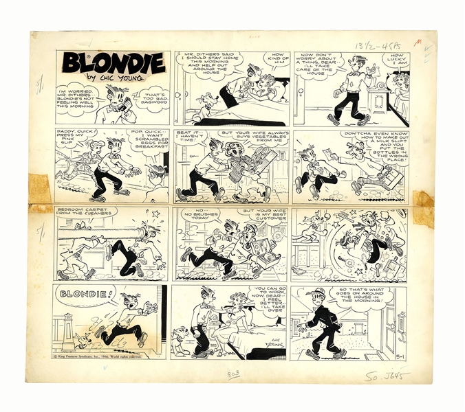 Chic Young Hand-Drawn ''Blondie'' Sunday Comic Strip From 1966 -- Dagwood Does Blondie's Job for a Day