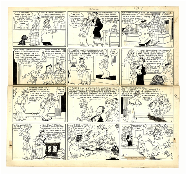 Chic Young Hand-Drawn ''Blondie'' Sunday Comic Strip From 1931 -- Blondie's Aunt Is Frantic About ''Modern Youth''
