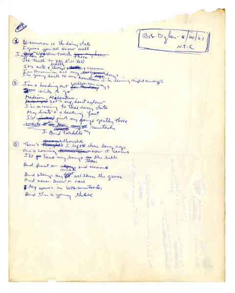 Original, Signed Handwritten Lyrics by Bob Dylan From November 1961 -- Draft Song About Wisconsin, Where Dylan Spent Summers as a Youth -- With Roger Epperson COA