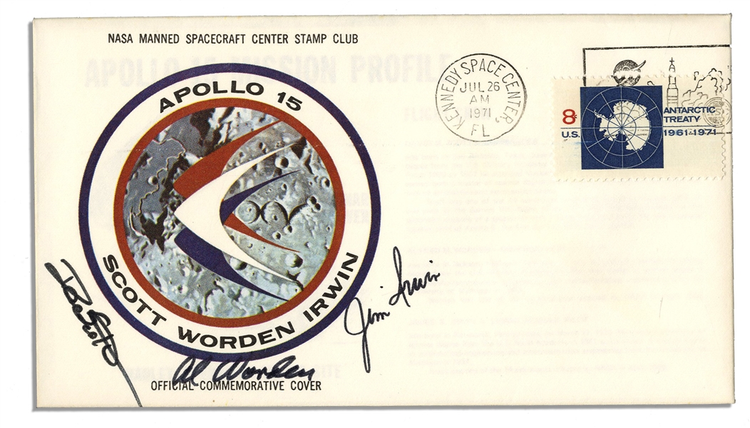 Apollo 15 Crew-Signed Astronaut Insurance Cover Issued by NASA -- Signed ''Al Worden'', ''Dave Scott'' & ''Jim Irwin'' -- Cancelled 26 July 1971 -- 6.5'' x 3.75'' -- Near Fine -- With COA From Worden