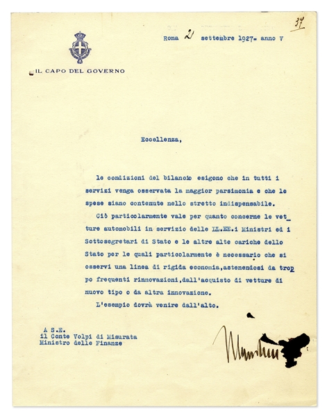Benito Mussolini Letter Signed -- ''...The example should come from the top...''