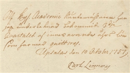 Carl Linnaeus Document Signed -- Rare Document by the Leading 18th Century Scientist, the Father of Modern Taxonomy