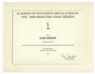 Emmy Nomination for The Simpsons Given to Sam Simon in 2000 -- From the Sam Simon Estate