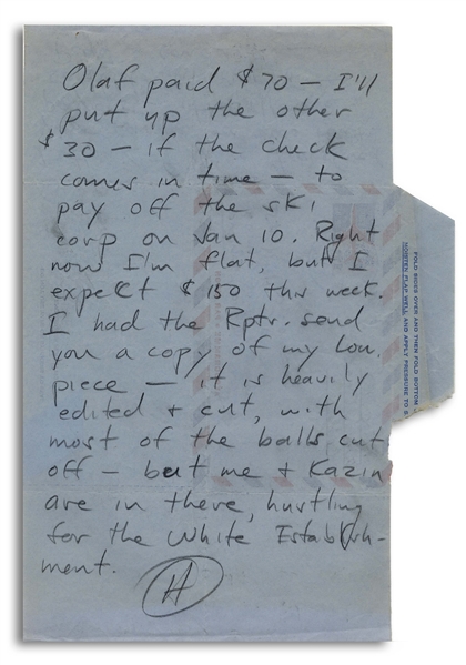 Hunter S. Thompson Autograph Letter Signed -- …me and [Alfred] Kazin are in there, hustling for the White Establishment…