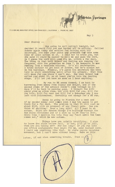 Hunter Thompson Letter Signed -- Random thinks I'm halfway through the Rum Diary revisions…Things here are quietly terrifying. I plan to leave the state before fall. If not, I'll go to jail…