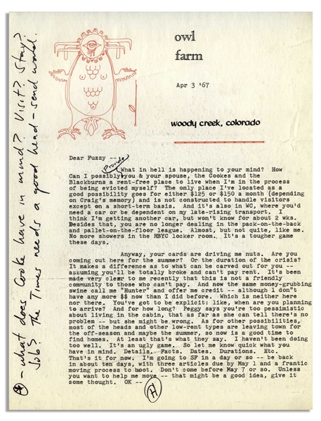 Hunter S. Thompson Letter Signed -- …this is not a friendly community to those who can't pay. And now the same money-grubbing swine call me 'Hunter' and offer me credit…