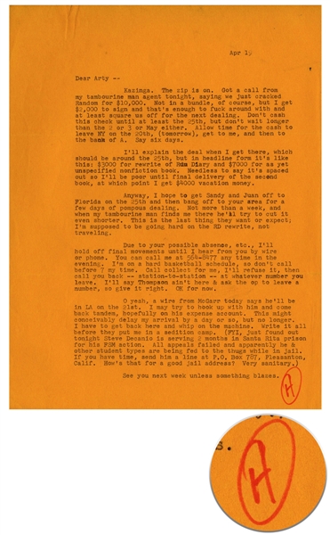 Hunter S. Thompson Letter Signed -- …Kazinga. The zip is on. Got a call from my tambourine man agent tonight, saying we just cracked Random for $10,000…