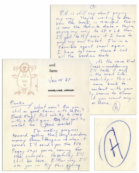Hunter S. Thompson Autograph Letter Signed From 1967 -- …I'm in a terrible agent snarl again. I have to come there & cut all the Gordian knots…