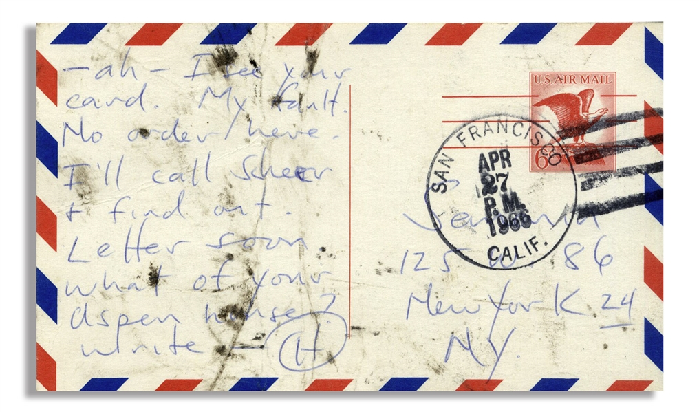 Hunter Thompson Autograph Postcard Signed -- …Now to work on Rum Diary…