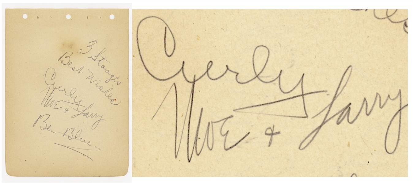 The Three Stooges Signed Album Page Including Curly's Signature -- Signed by Curly, Moe and Larry