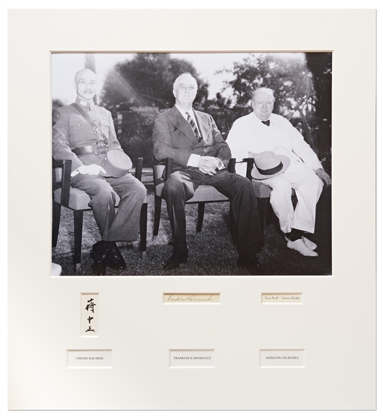 Large Display of the WWII Cairo Conference, Signed by Chiang Kai-Shek, Franklin D. Roosevelt and Winston Churchill -- Measures 25.5'' x 27.75'' -- With PSA/DNA COAs