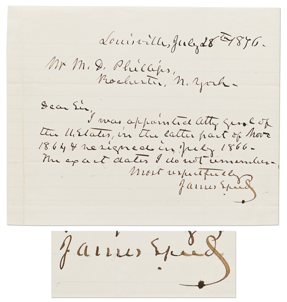 James Speed Autograph Letter Signed -- Lincoln Appointed Speed as Attorney General in 1864