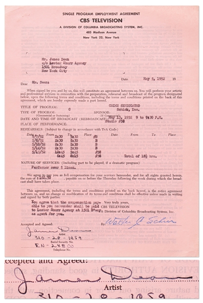 James Dean Signed Contract from 1952 for a Television Role -- Dean Also Handwrites His Social Security & Telephone Numbers