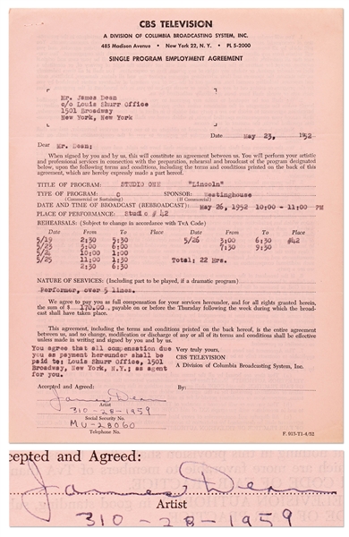 James Dean Signed Contract with CBS Television from 1952 -- Dean Also Handwrites His Social Security & Telephone Numbers