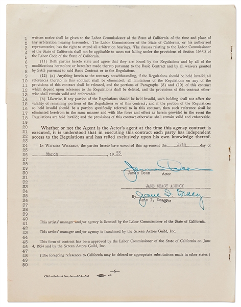 James Dean Signed & Initialed Theatrical Motion Picture Agency Contract from March 1955 with Jane Deacy