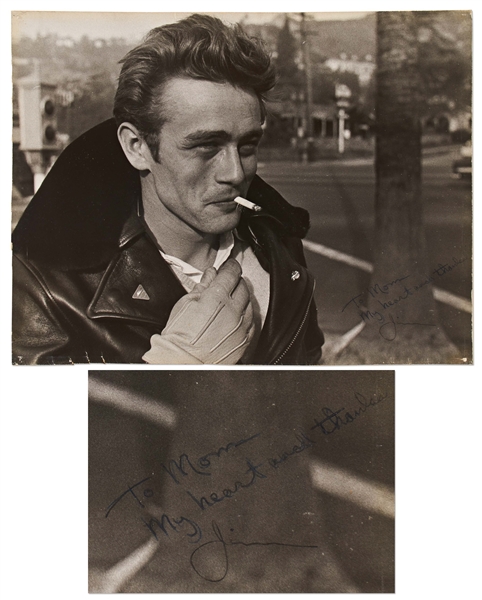 James Dean Signed Photo ''To Mom / My heart and thanks / Jim'' -- Large Photo from the Famous Motorcycle Session Measures 13.5'' x 10.25''