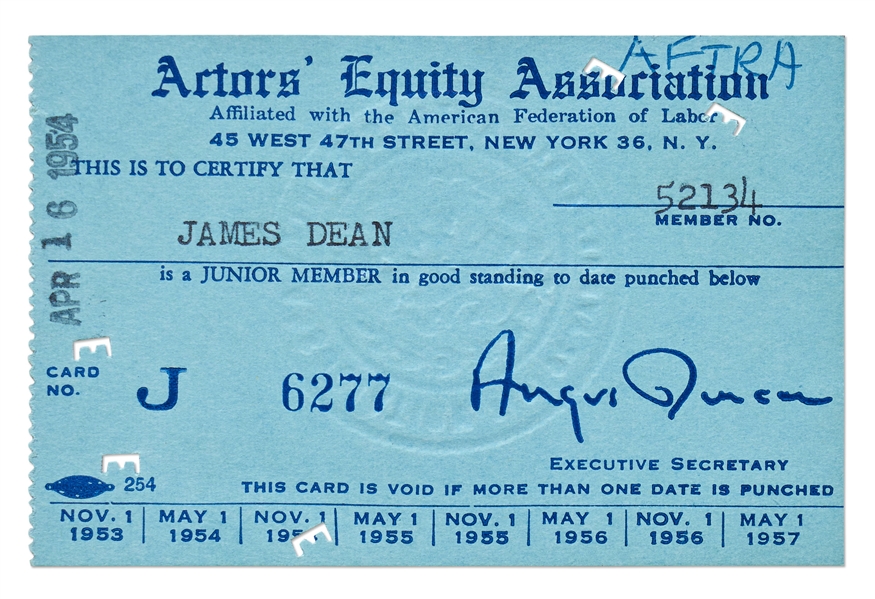 James Dean's Actor's Equity Association Card from 1954