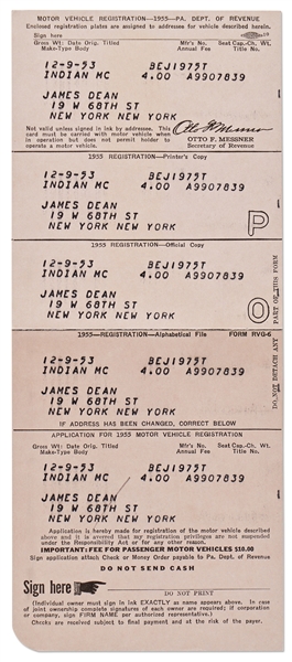 James Dean's Motorcycle Registration Card for the Indian Motorcycle He Bought in 1953