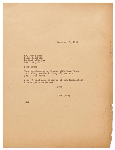 Jane Deacy Letter to James Dean from 1952 -- ''...I need some pictures of you immediately...''