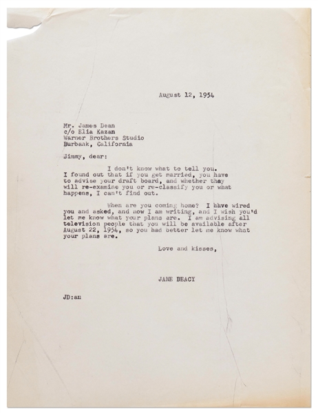 Jane Deacy Letter to James Dean from 1954 While Filming ''East of Eden'' -- Deacy Advises Dean of His Military Draft Status If He Gets Married