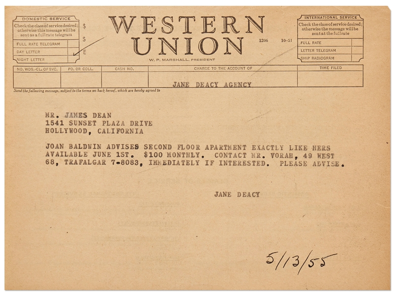 Telegram to James Dean from His Agent Jane Deacy from May, 1955