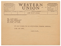 Telegram to James Dean from His Agent Jane Deacy, c/o The Immoralist, Deans Breakout Broadway Role