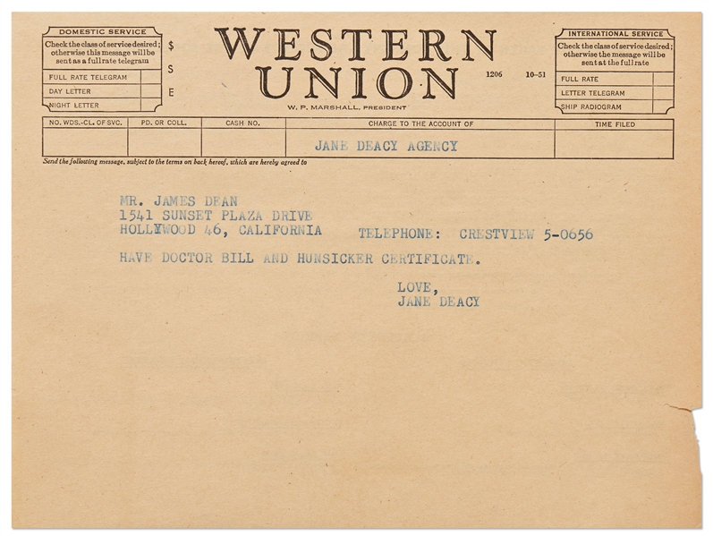 Telegram to James Dean from His Agent Jane Deacy When Dean Was Filming ''Rebel Without a Cause''