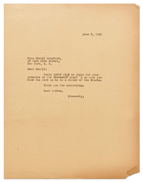 Jane Deacy Letter to Broadway Producer and Director Cheryl Crawford, Promoting James Dean