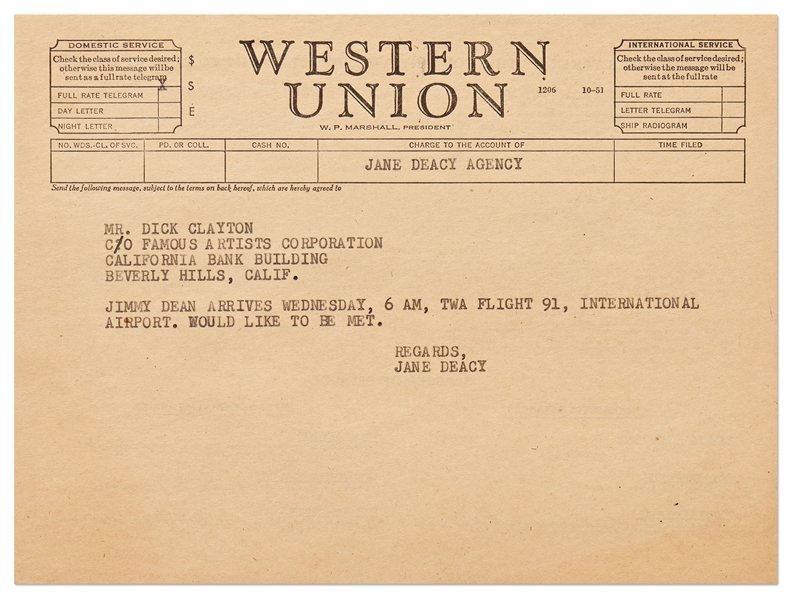 Telegram from Jane Deacy Announcing James Dean's Arrival in Los Angeles to Film ''East of Eden''