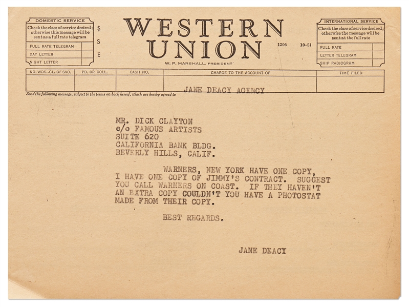 Telegram from Jane Deacy Regarding James Dean's Film Contract with Warner Brothers