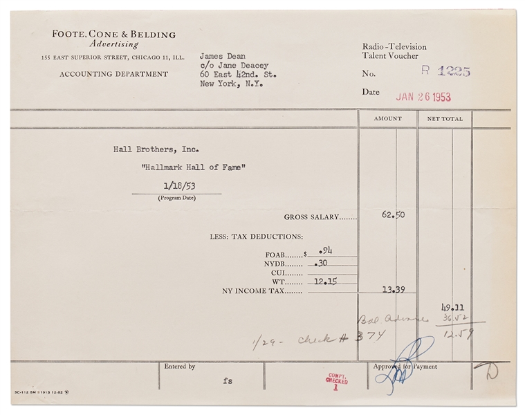 Payment Voucher for James Dean's Appearance on the Hallmark Hall of Fame