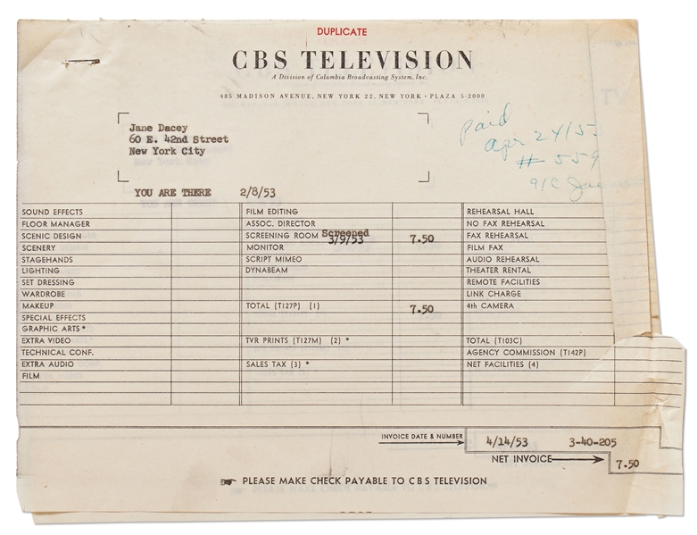 Invoice from CBS Television for Use of a Screening Room for James Dean's Performance in ''The Capture of Jesse James''