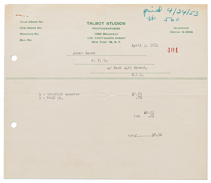 Invoice from Talbot Studios for Photographs of James Dean -- Misspelled Deane