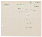 Invoice from Talbot Studios for Photographs of James Dean -- Misspelled "Deane"