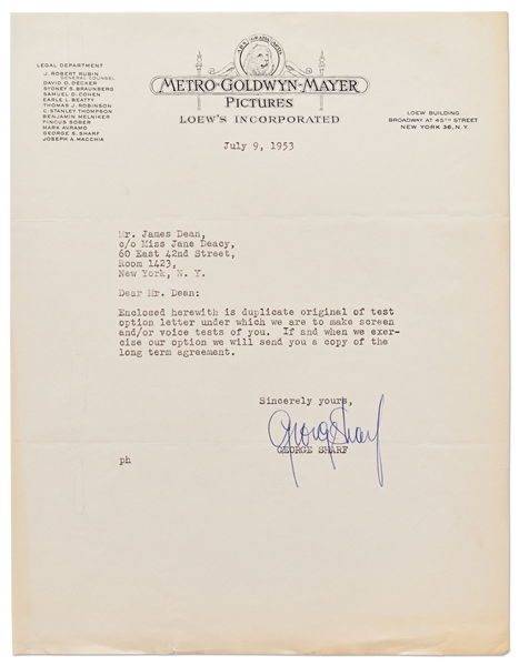 Letter from MGM to James Dean Regarding Exercising an Option on Dean