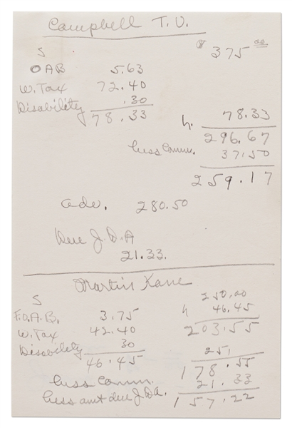 1953 Financial Statement from Jane Deacy's Office Regarding James Dean