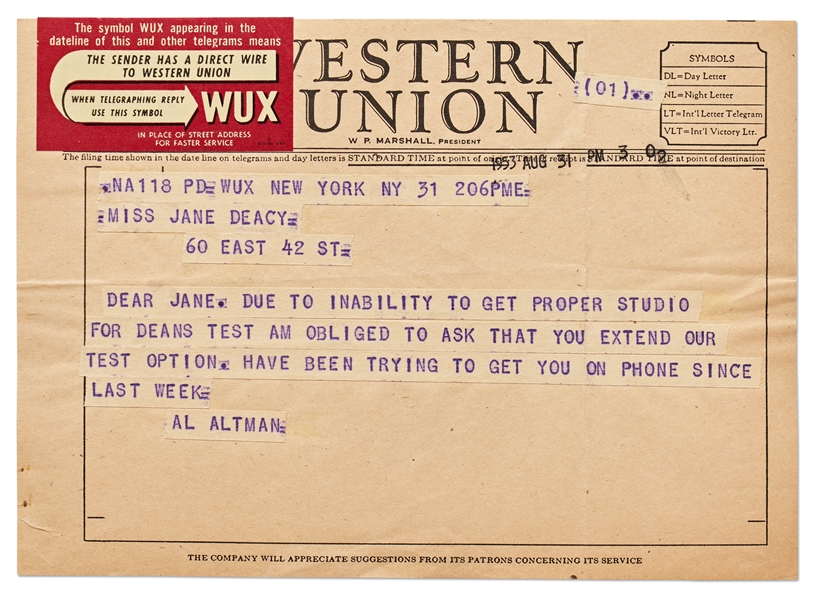 Western Union Telegram from MGM to Jane Deacy Regarding Test Option for James Dean
