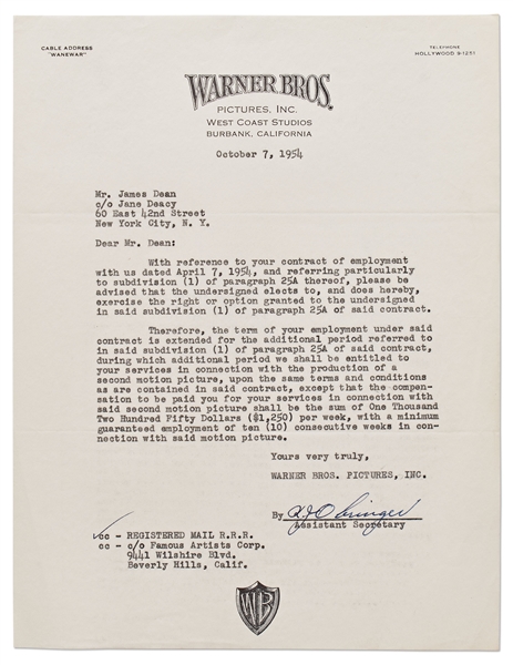 Letter from Warner Brothers to James Dean, Informing Him that It's Exercising the Option to Employ Him in a ''second motion picture''